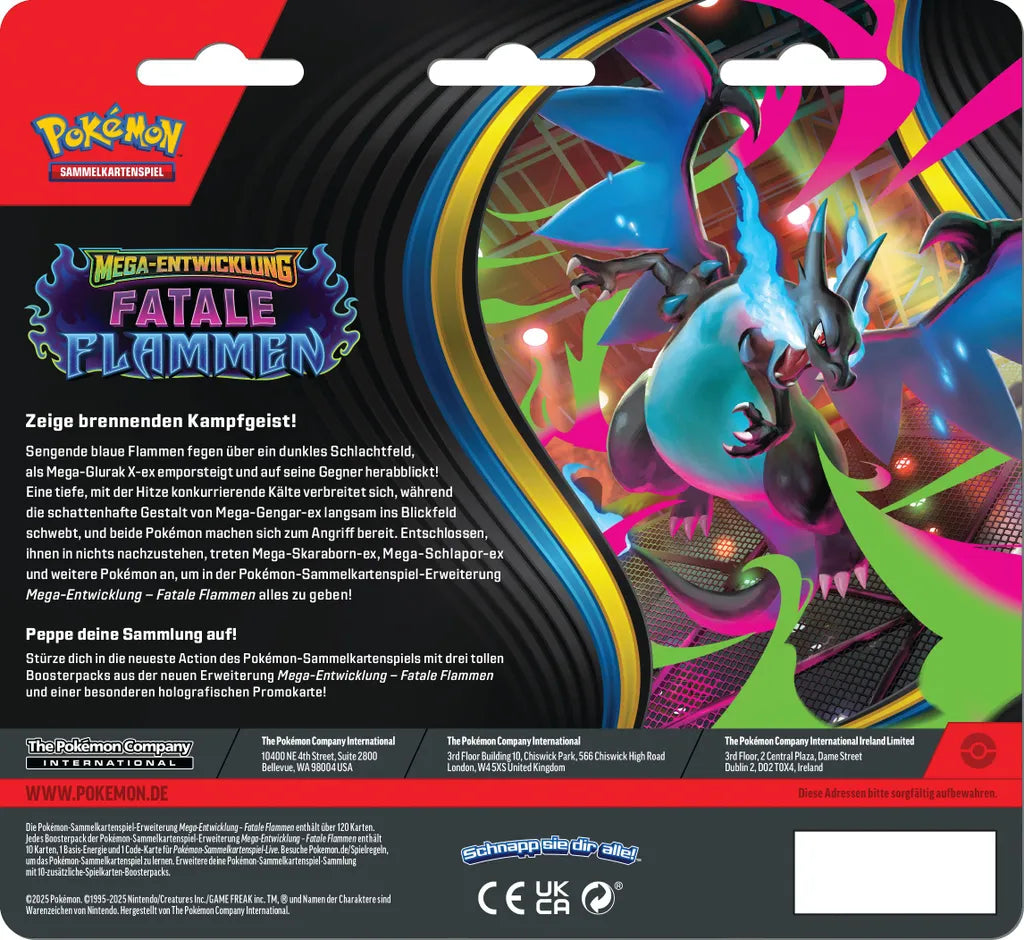 Pokémon Mega-Entwicklung – Fatale Flammen 3er Boosterpack-Blister (mit Snibunna-Promo) – Deutsch