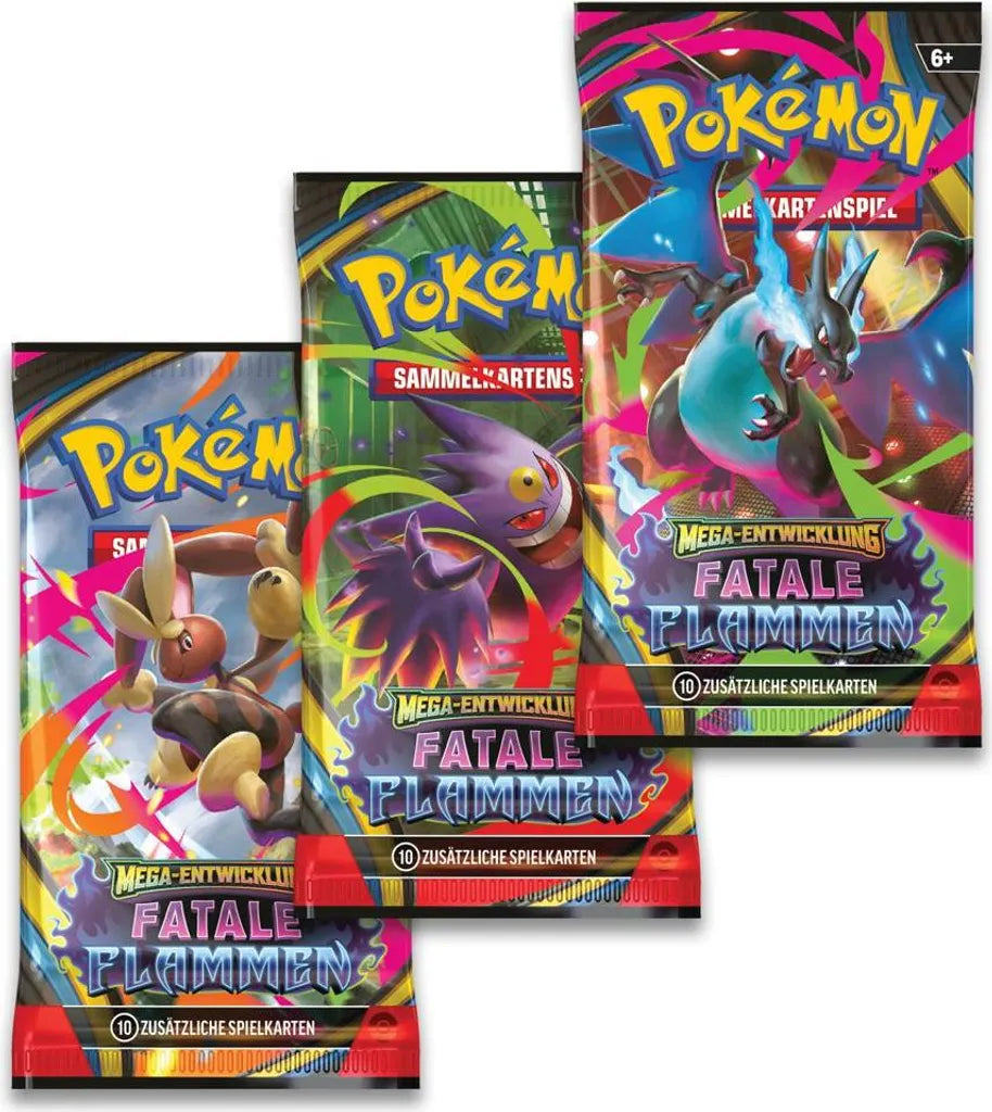 Pokémon Mega-Entwicklung – Fatale Flammen 3er Boosterpack-Blister (mit Snibunna-Promo) – Deutsch