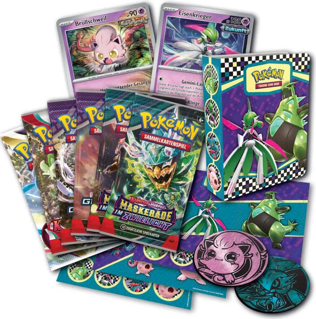 Inhalt des Pokémon Sammelkoffers Back to School 2024 B2S24 – Boosterpacks, Promokarten, Münzen und Zubehör in der Scarlet & Violet Edition.