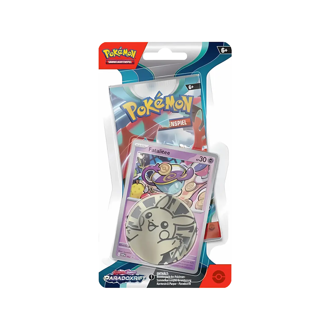 Pokémon TCG Blister mit Fatalitee Promo-Karte und Booster aus Paradoxrift – offizielles Sammelkarten Pack mit Coin