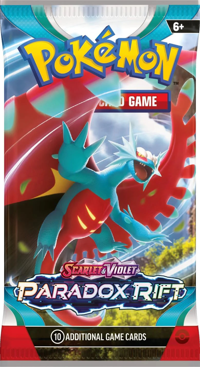 Pokémon TCG Booster aus Scarlet & Violet – Paradox Rift mit Roaring Moon Artwork, englische Version mit 10 Spielkarten