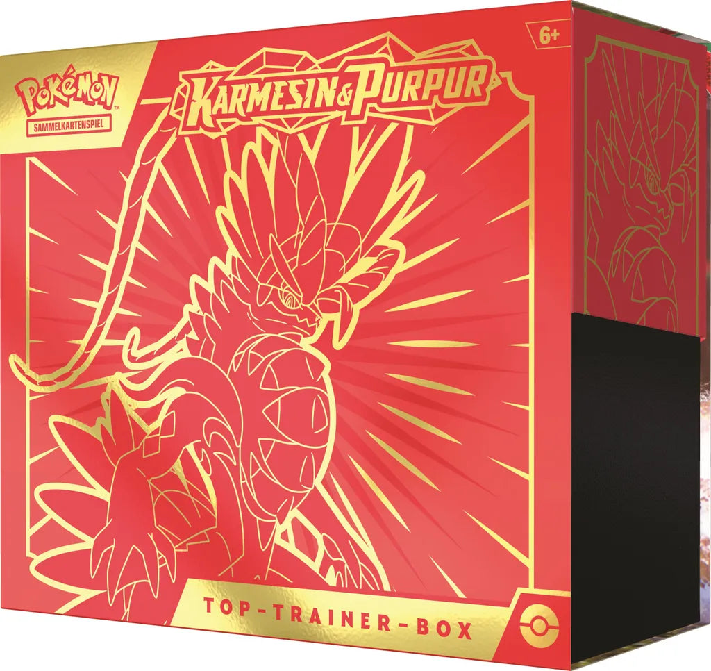 Pokémon Top Trainer Box Karmesin & Purpur SV1 – Koraidon Design, deutsch, leicht nach links gedrehte Frontansichta