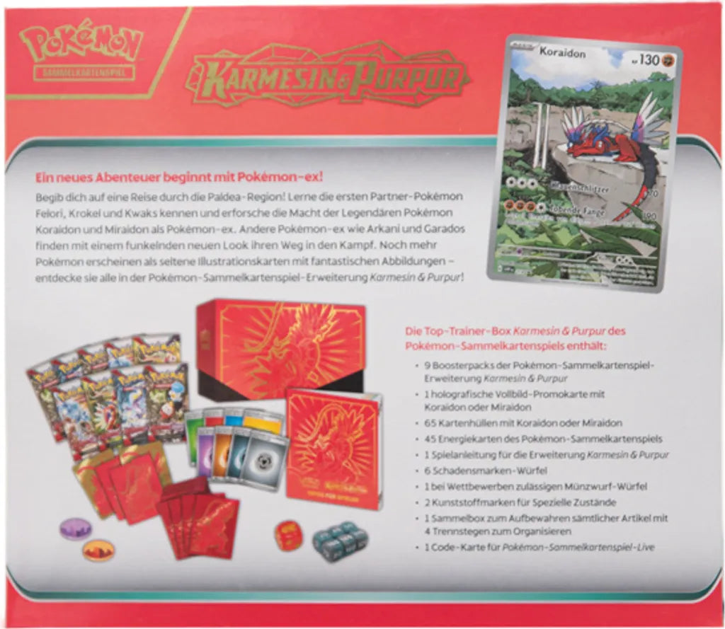 Rückseite der Pokémon Top Trainer Box Karmesin & Purpur SV1 – Koraidon Version, zeigt Inhalt mit Boosterpacks, Promo-Karte und Zubehör.