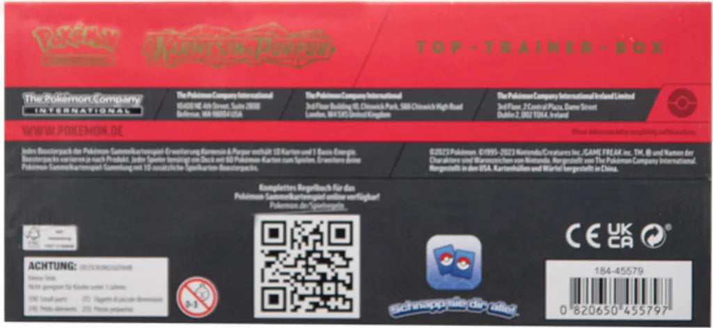 Unterseite der Pokémon Top Trainer Box Karmesin & Purpur SV1 – Koraidon & Miraidon Edition, deutsch, mit Hersteller- und Warnhinweisen