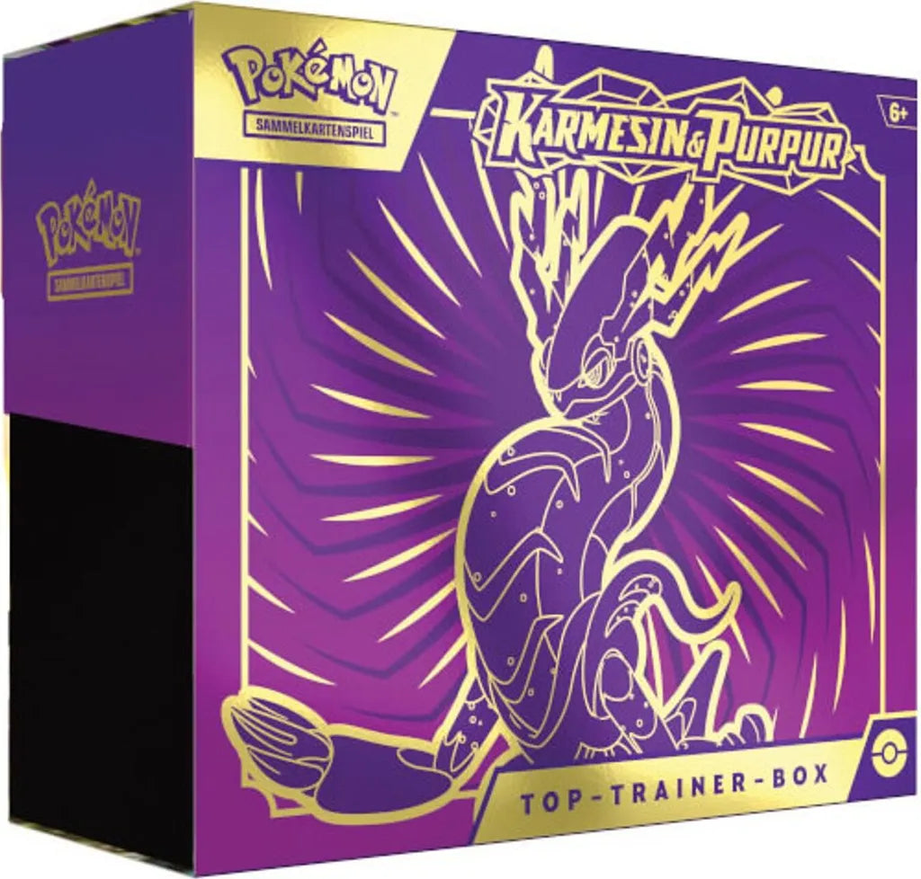 Pokémon Top Trainer Box Karmesin & Purpur SV1 – Miraidon Design, deutsch, leicht gedrehte Frontansicht der Verpackung