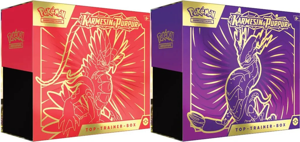 Vergleich der Pokémon Top Trainer Boxen Karmesin & Purpur SV1 – Koraidon und Miraidon Versionen nebeneinander im Designvergleich