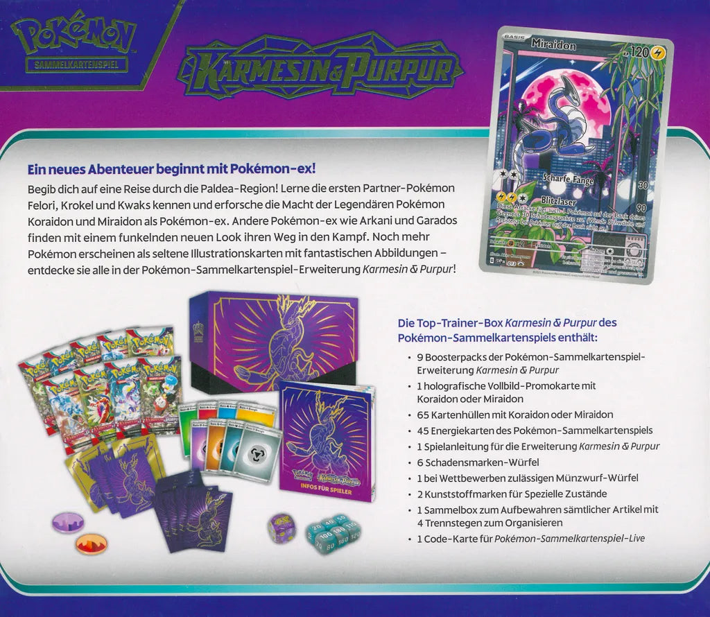 Rückseite der Pokémon Top Trainer Box Karmesin & Purpur SV1 – mit Miraidon, zeigt Booster, Zubehör und Promo-Karte im Überblick