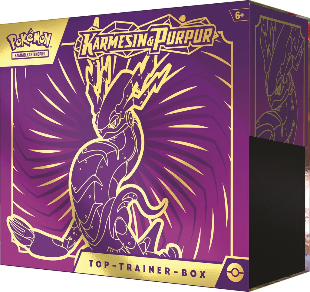 Frontansicht der Pokémon Top Trainer Box Karmesin & Purpur SV1 mit Miraidon Motiv im violetten Design
