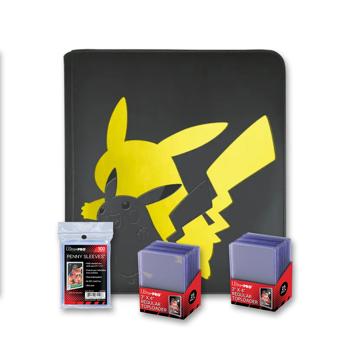 Pokémon Zubehör-Bundle – Pikachu Zipper PRO-Binder + Toploader (2×) + Soft Sleeves (100)