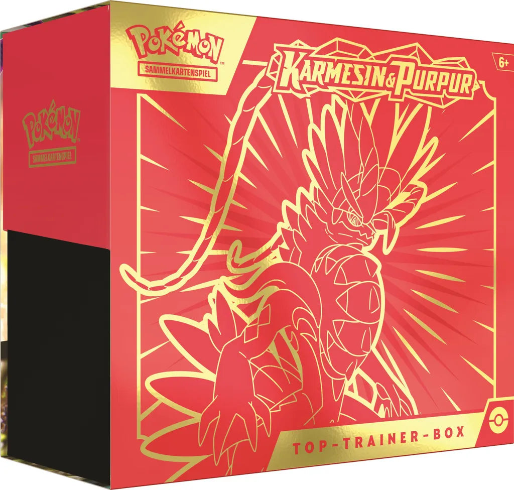 Pokémon Top Trainer Box Karmesin & Purpur SV1 – Koraidon Design, deutsch, leicht nach rechts gedrehte Frontansicht
